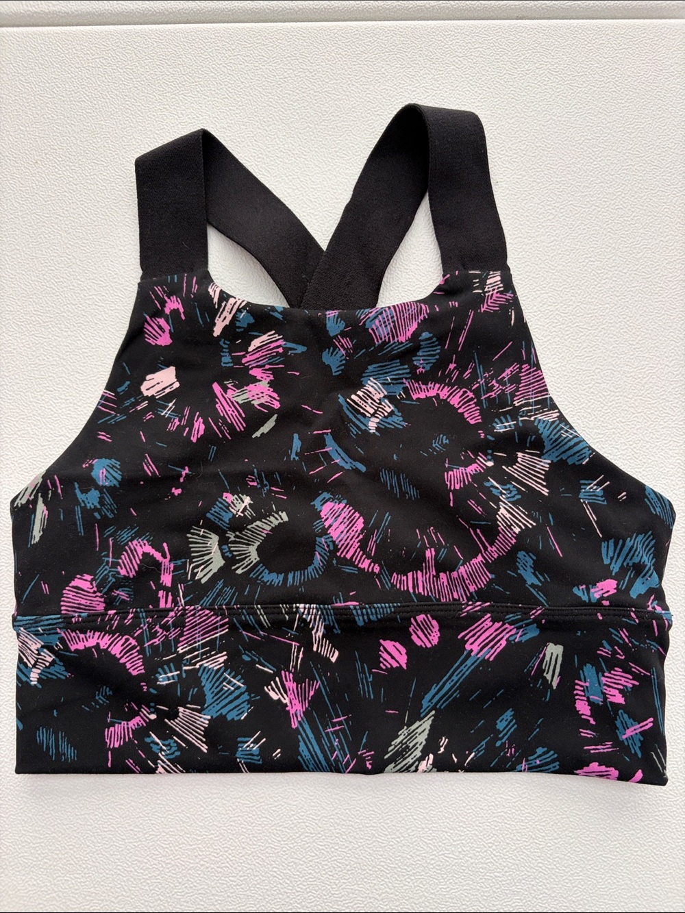 Zella Girl Black Sports Crop with Pink, Blue and Cream Brushstroke Print